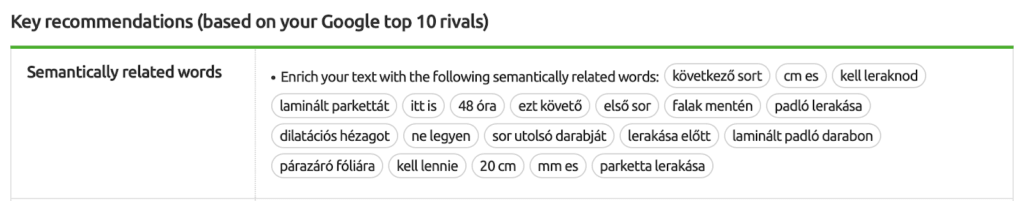 A fő kulcsszóhoz kapcsolódó, vele egy szövegkörnyezetben használt egyéb szavak, kifejezések
