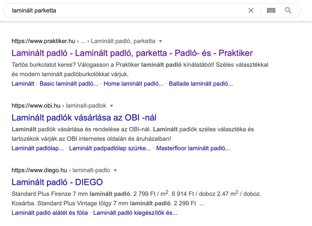 A keresési szándék meghatározás “laminált parketta” kulcsszóra