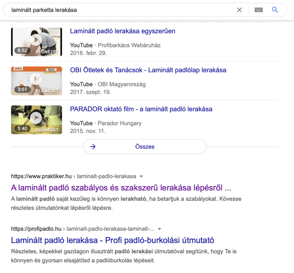 A keresési szándék meghatározás “laminált parketta lerakása” kifejezésre