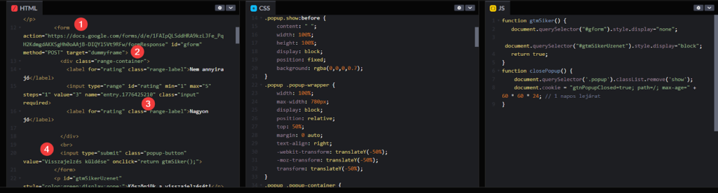 GTM Popup html css és js kódja