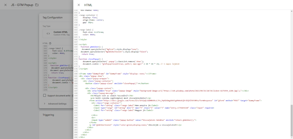 Custom javascript beillesztése GTM-ben
