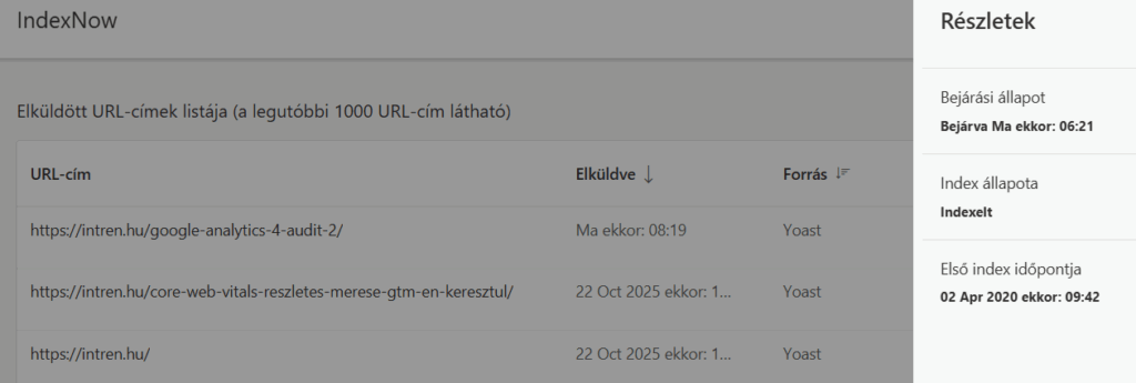 IndexNow egy adott URL vizsgálatával