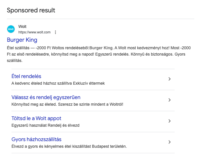 hirdetés alatt megjelenő linkek, amik egyből a weboldal fontos részeire viszik a felhasználót