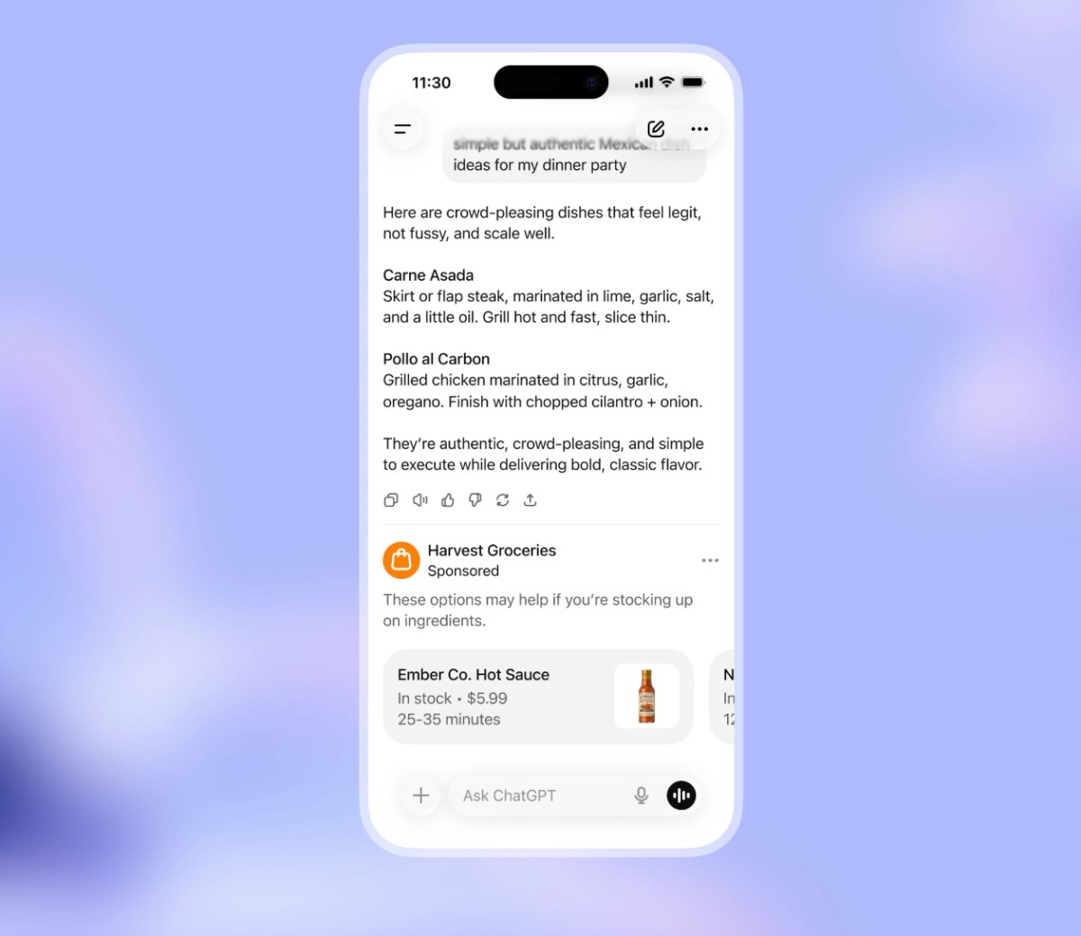 fizetett hirdetés a ChatGPT válasza alatt