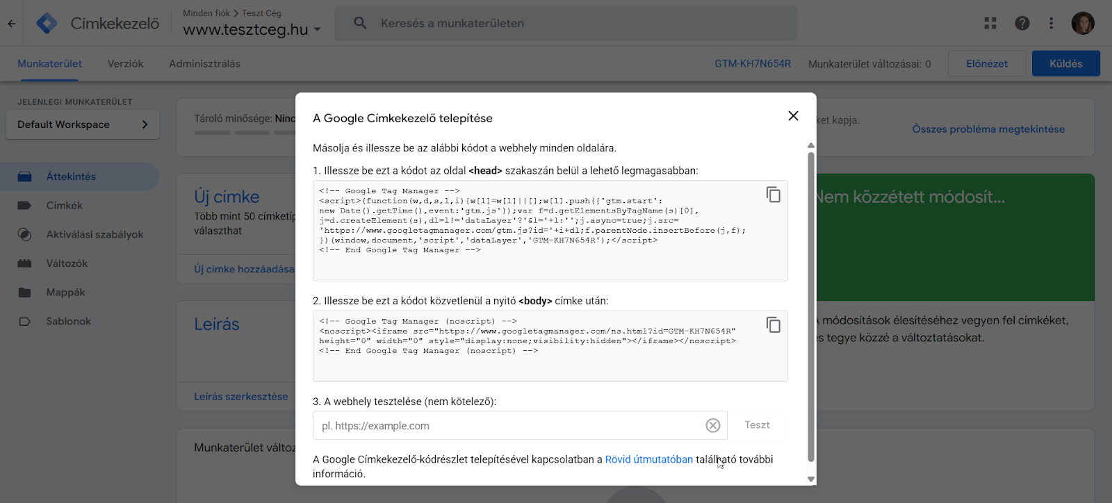 GTM kód beillesztése a weboldalba